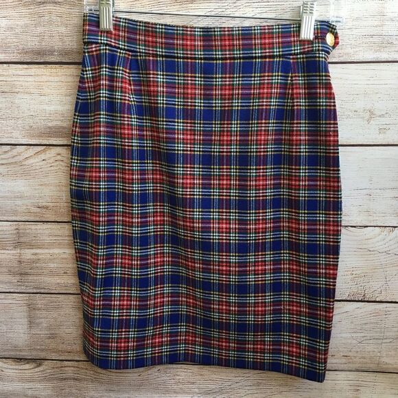 VINTAGE 80s ESCADA SPORT MARGARETHA LEY PENCIL SKIRT IN PLAID WOOL - Picture 1 of 6